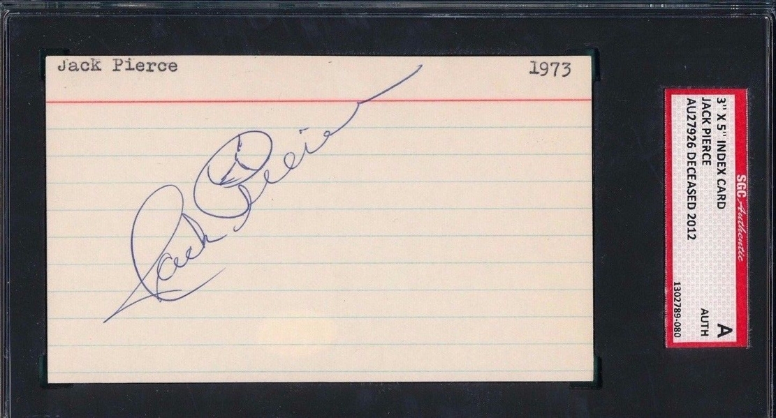 JACK PIERCE SIGNED 3X5 INDEX CARD SGC 1973-1975 D. 2012