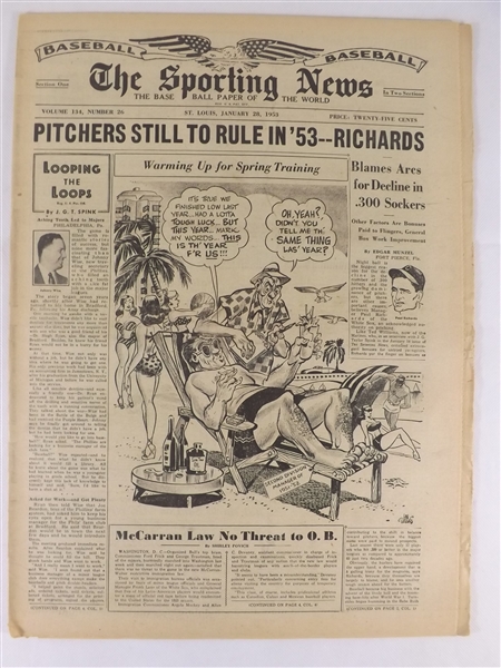 1953 1/28/53 THE SPORTING NEWS NEWSPAPER PITCHERS STILL TO RULE IN '53 -- RICHARDS