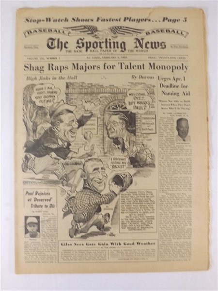 1953 2/4/53 THE SPORTING NEWS NEWSPAPER SHAG RAPS MAJORS FOR TALENT MONOPOLY