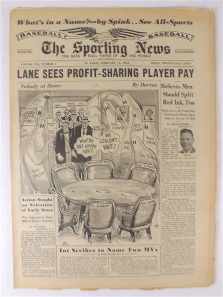 1953 2/11/53 THE SPORTING NEWS NEWSPAPER LANE SEES PROFIT-SHARING PLAYER PAY