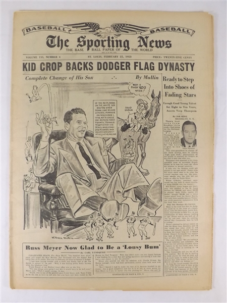 1953 2/25/53 THE SPORTING NEWS NEWSPAPER KID CROP BACKS DODGER FLAG DYNASTY