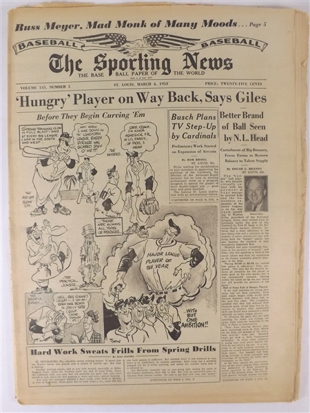1953 3/4/53 THE SPORTING NEWS NEWSPAPER  'HUNGRY' PLAYER ON WAY BACK, SAYS GILES