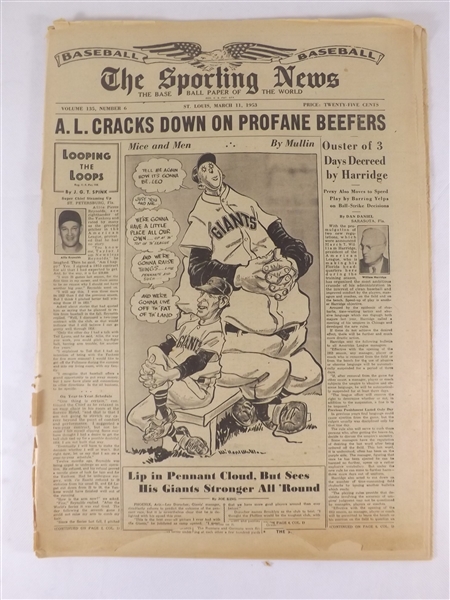 1953 3/11/53 THE SPORTING NEWS NEWSPAPER A.L. CRACKS DOWN ON PROFANE BEEFERS