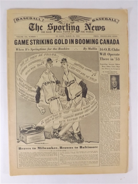 1953 3/18/53 THE SPORTING NEWS NEWSPAPER GAME STRIKING GOLD IN BOOMING CANADA