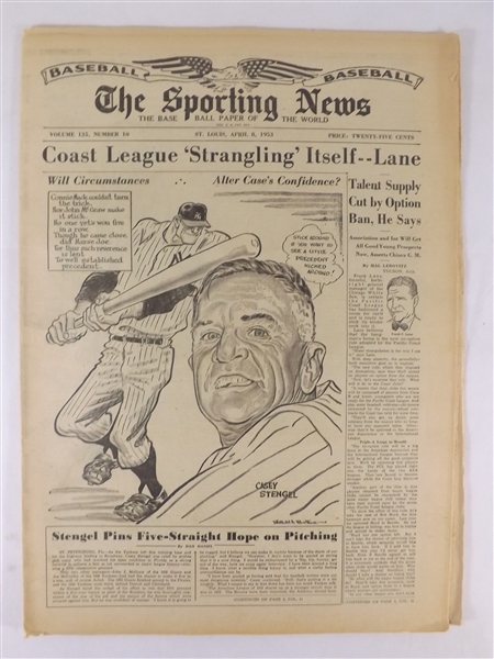 1953 4/8/53 THE SPORTING NEWS NEWSPAPER - CASEY STENGEL COVER COAST LEAGUE 'STRANGLING' ITSELF--LANE