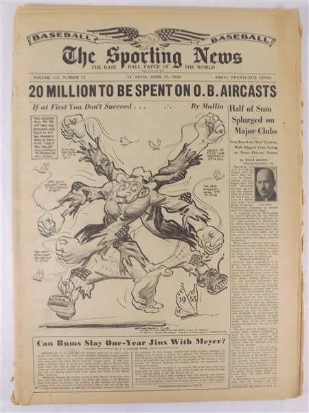 1953 4/15/53 THE SPORTING NEWS NEWSPAPER 20 MILLION TO BE SPENT ON O.B. AIRCASTS