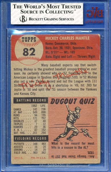 1953 TOPPS #82 MICKEY MANTLE SHORT PRINT TOPPS 2ND YR. CARD BVG 4.5
