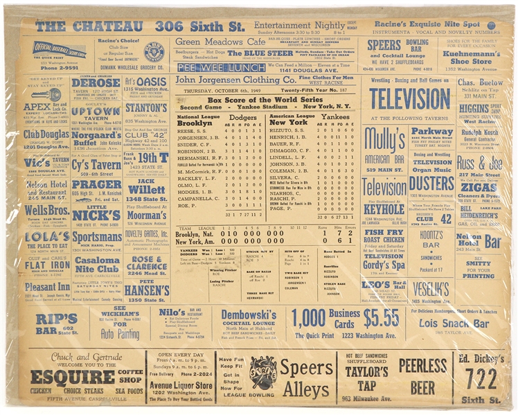 1949 New York Yankees Brooklyn Dodgers World Series Game 2 Box Score 15x19