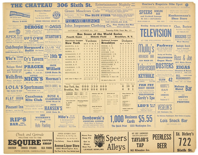 1949 New York Yankees Brooklyn Dodgers World Series Game 4 Box Score 15x19