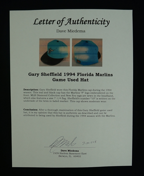 GARY SHEFFIELD 1994 FLORIDA MARLINS GAME USED HAT W/ LOA