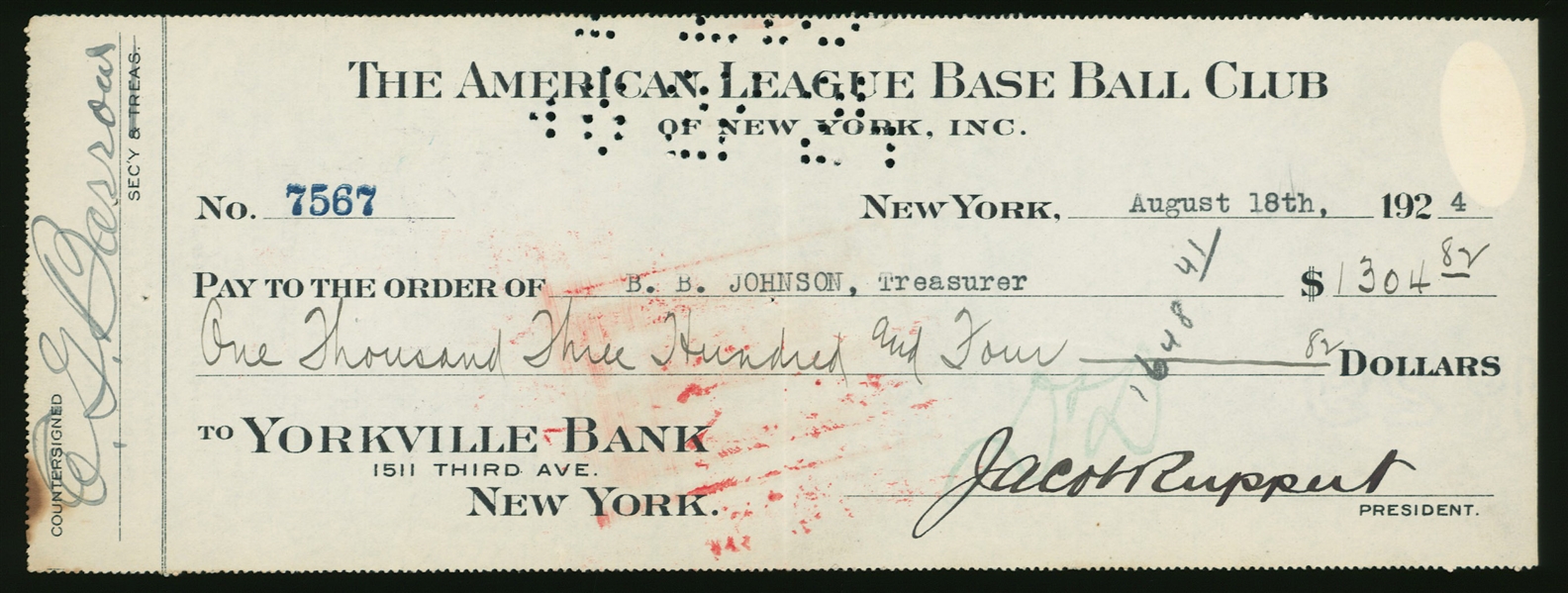 1924 JACOB RUPPERT & ED BARROW HOF DUAL SIGNED NEW YORK YANKEES CHECK JSA LOA