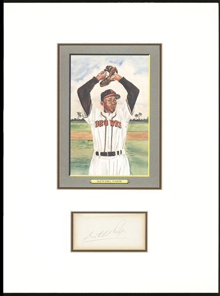 SATCHEL PAIGE SIGNED CUT SIGNATURE & PICTURE DISPLAY MATTED JSA LOA
