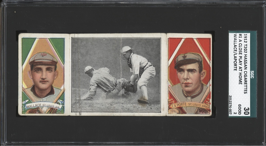 1912 T202 HASSAN TRIPLE FOLDERS A CLOSE PLAY AT HOME WALLACE LAPORTE SGC 2