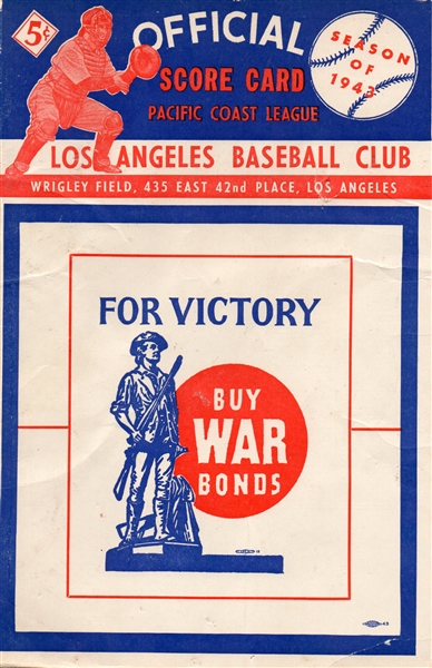--1943 SACRAMENTO SOLONS AT LOS ANGELES ANGELS UNSCORED PCL BASEBALL SCORECARD