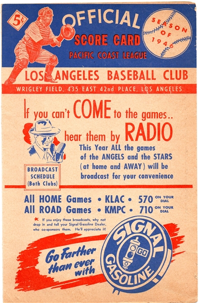 ----1946 OAKLAND OAKS AT LOS ANGELES ANGELS UNSCORED PCL BASEBALL SCORECARD