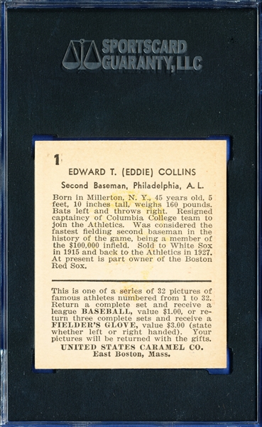 1932 U.S. CARAMEL #1 EDDIE COLLINS HOF! SGC 8.5 ONLY 1 GRADED HIGHER PSA 9