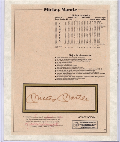 * MICKEY MANTLE SIGNED STAT SHEET LARGE BOLD GOLD SIGNATURE! 