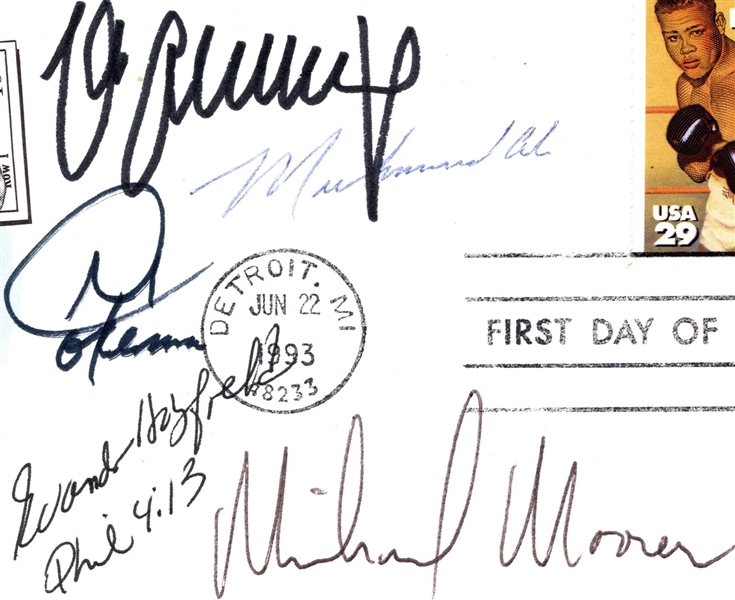 MUHAMMAD ALI, SCHMELING, HOLYFIELD, FOREMAN, MOORER SIGNED JOE LOUIS FIRST DAY ISSUE