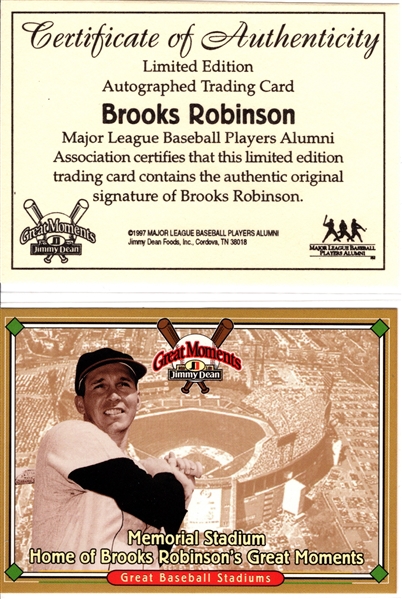 1997 JIMMY DEAN BROOKS ROBINSON SIGNED BGS 7.5 COA & BONUS CARD