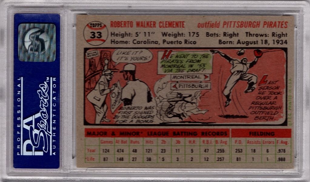 1956 TOPPS #33 ROBERTO CLEMENTE 2ND YR. CARD PSA 7