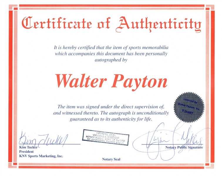 WALTER PAYTON SIGNED PAYTON'S AMERICAN BAR T-SHIRT COA