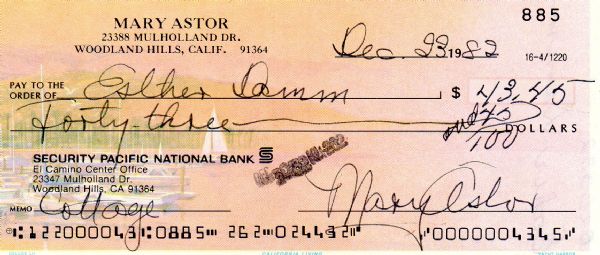 ACTRESS MARY ASTOR SIGNED CHECK 885