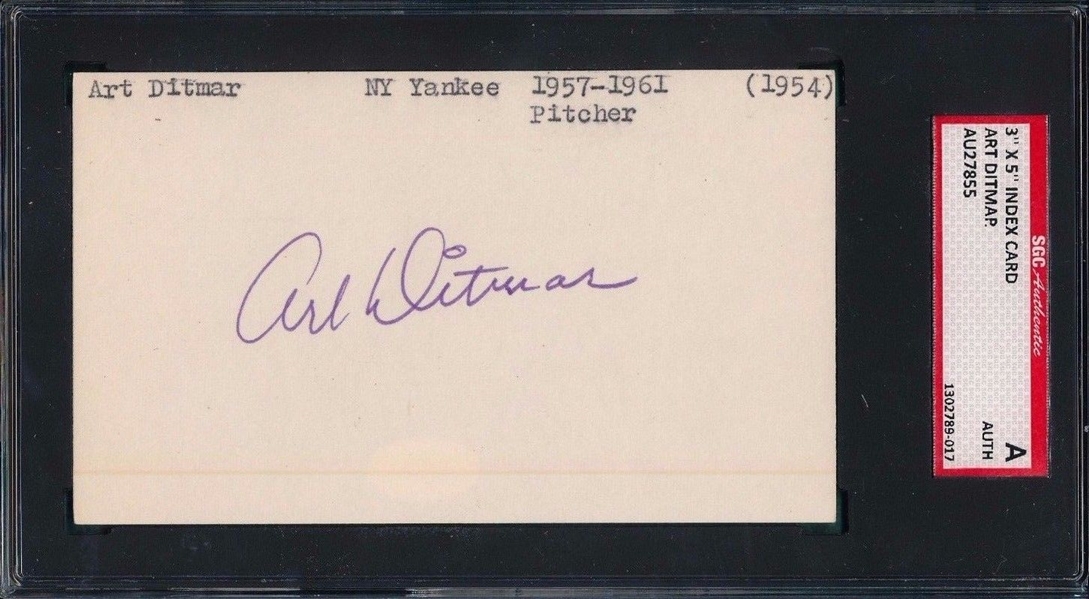 ART DITMAR SIGNED 3X5 INDEX CARD SGC 1954-1962 YANKEES WORLD SERIES