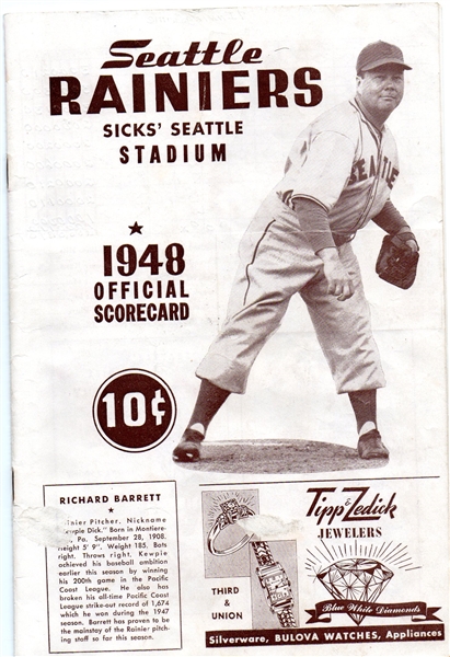 ---1948 SACRAMENTO SOLONS AT SEATTLE RAINIERS PCL BASEBALL SCORED PROGRAM