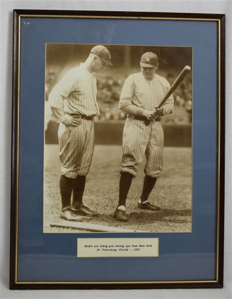 LOU GEHRIG & BABE RUTH FRAMED PICTURE RUTH TEACHES ROOKIE GEHRIG 1923