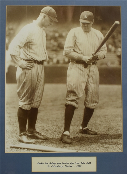 LOU GEHRIG & BABE RUTH FRAMED PICTURE RUTH TEACHES ROOKIE GEHRIG 1923