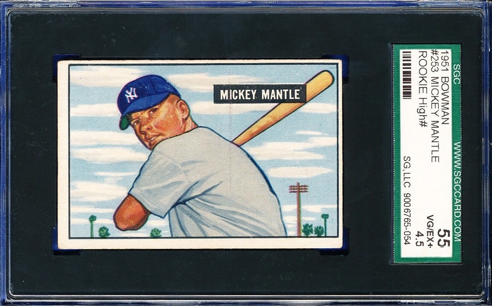 1951 BOWMAN #253 MICKEY MANTLE ROOKIE SGC 55