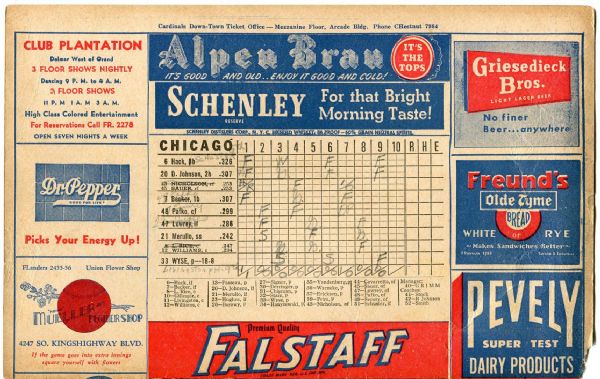 1945 ST. LOUIS CARDINALS V CHICAGO CUBS SCORECARDS LOT OF 2