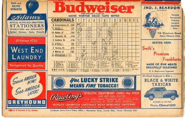 1945 ST. LOUIS CARDINALS V CHICAGO CUBS SCORECARDS LOT OF 2