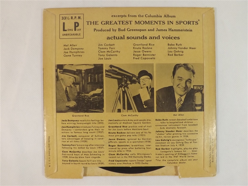 *1955 GREATEST MOMENTS IN SPORTS 45 LP RECORD RUTH GEHRIG DEMPSEY & MORE!
