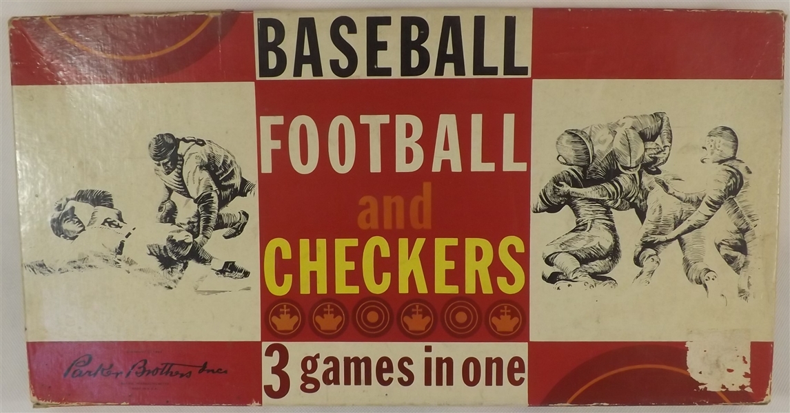 --1962 VINTAGE PARKER BRO. BASEBALL FOOTBALL AND CHECKERS 3 GAMES IN ONE BOARD GAME 