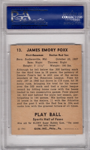 1941 PLAY BALL #13 JIMMIE FOXX PSA 8