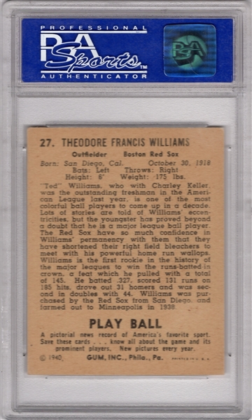 1940 PLAY BALL #27 TED WILLIAMS PSA 7