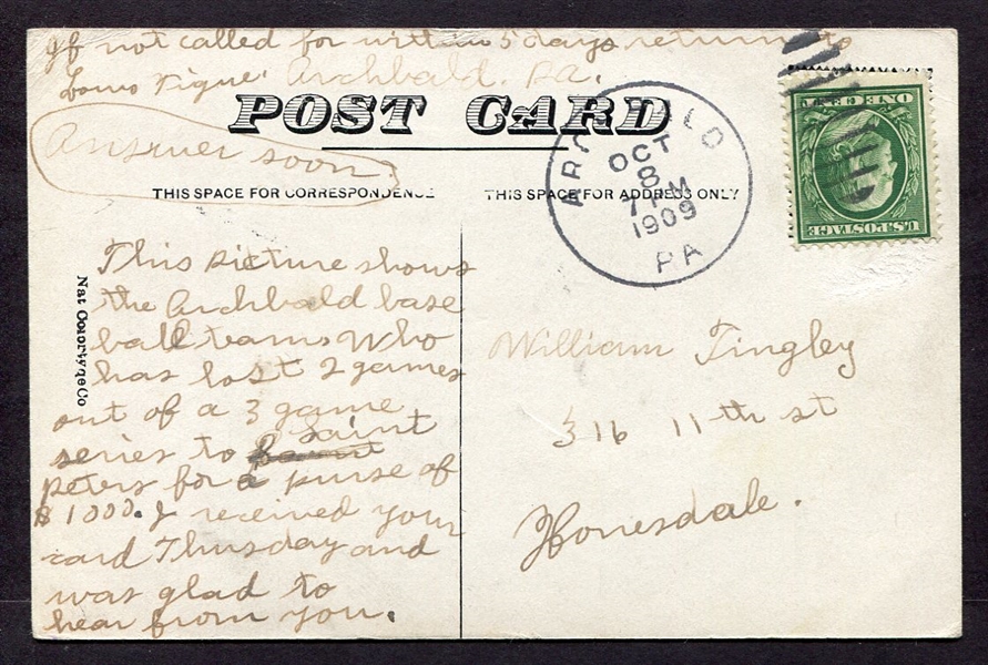 1909 ARCHBALD PENNSYLVANIA BASEBALL TEAM POST CARD w/ Back Story