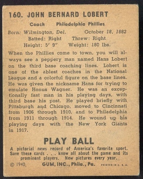1940 PLAY BALL #160 HANS LOBERT PHILLIES