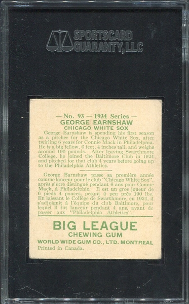 1934 WORLD WIDE GUM CO. #93 GEORGE EARNSHAW SGC 2.5