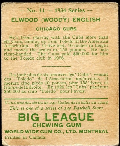 1934 WORLD WIDE GUM CO. #11 ELWOOD WOODY ENGLISH