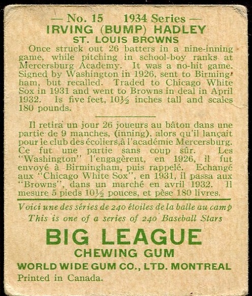 1934 WORLD WIDE GUM CO. #15 IRVING BUMP HADLEY
