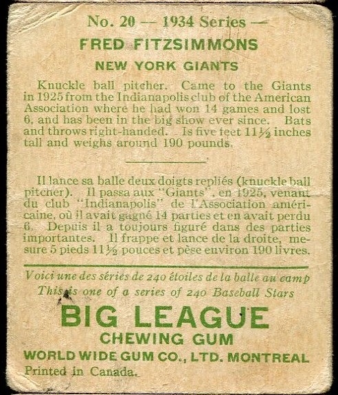 1934 WORLD WIDE GUM CO. #20 FRED FITZSIMMONS