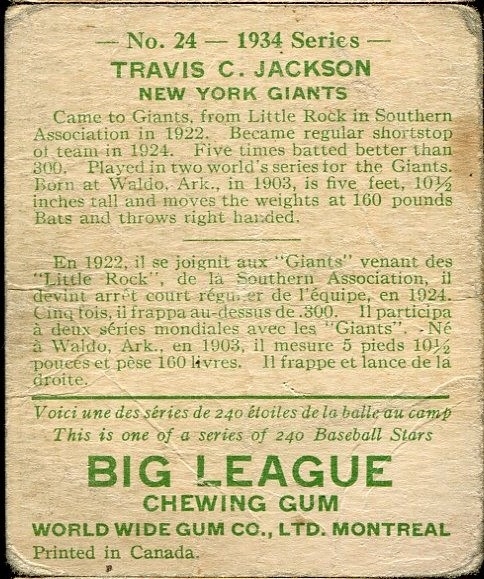 1934 WORLD WIDE GUM CO. #24 TRAVIS JACKSON HALL OF FAME