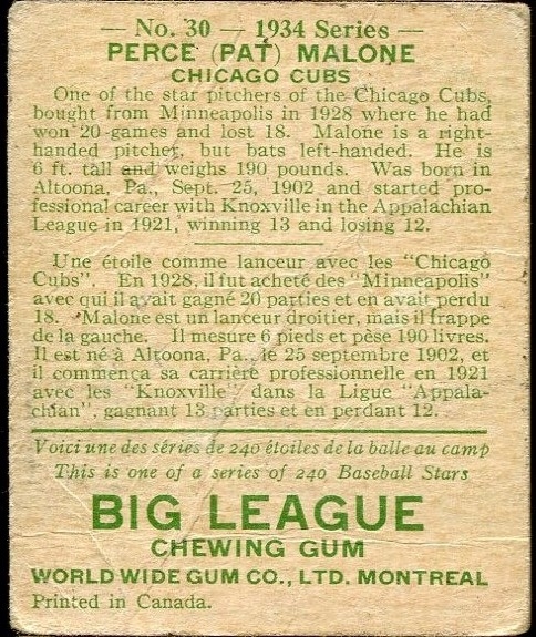 1934 WORLD WIDE GUM CO. #30 PERCE PAT MALONE