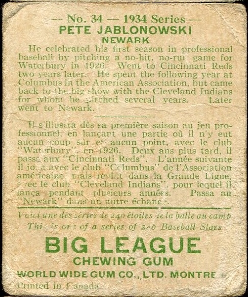1934 WORLD WIDE GUM CO. #34 PETE JABLONOWSKI