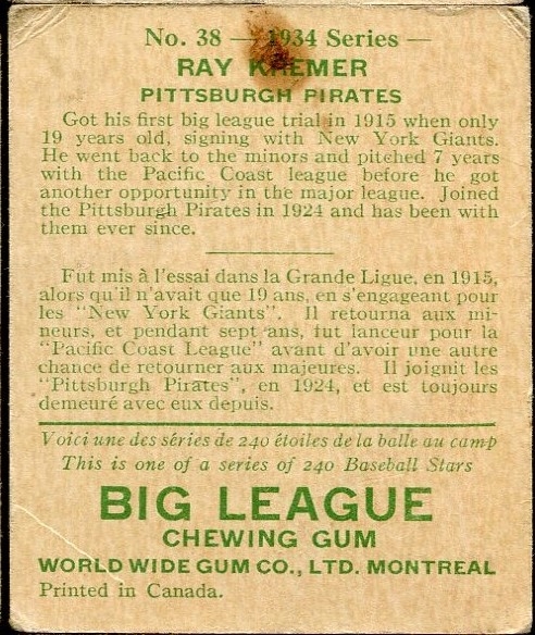 1934 WORLD WIDE GUM CO. #38 RAY KREMER