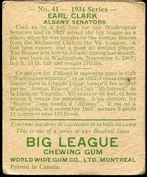 1934 WORLD WIDE GUM CO. #41 EARL CLARK