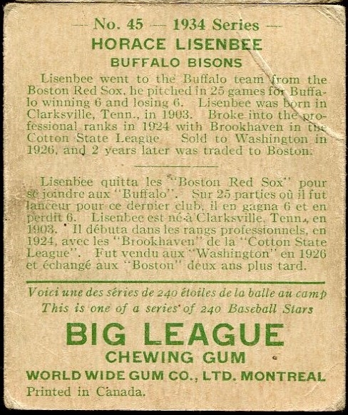 1934 WORLD WIDE GUM CO. #45 HORACE LISENBEE