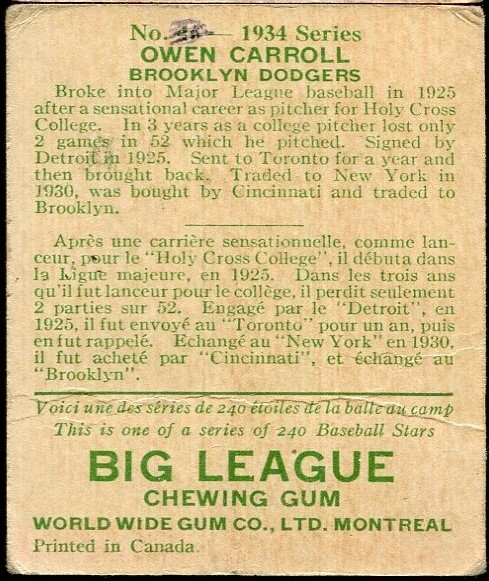 1934 WORLD WIDE GUM CO. #46 OWEN CARROLL